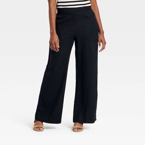 Women's Linen Wide Leg Pull-On Pants - A New Day Black M Short